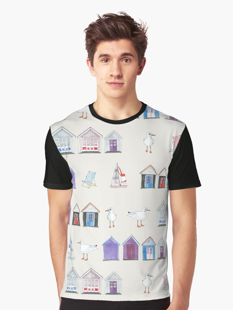 Thumbnail 1 of 5, Graphic T-Shirt, Beach Huts, Bournemouth - on grey - watercolour pattern by Cecca Designs designed and sold by Cecca-Designs.
