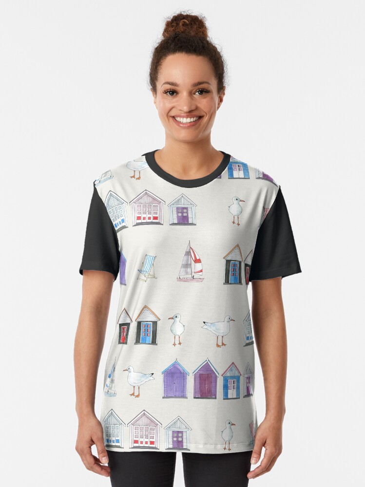 Thumbnail 2 of 5, Graphic T-Shirt, Beach Huts, Bournemouth - on grey - watercolour pattern by Cecca Designs designed and sold by Cecca-Designs.