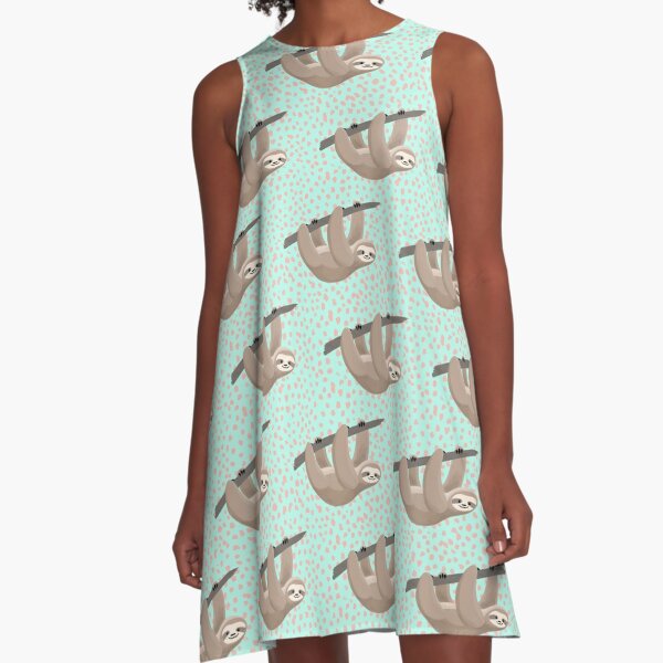 cute mint and peach sloth dot pattern A-Line Dress