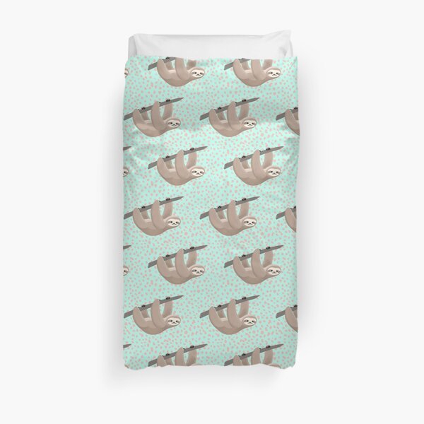 Motif à pois menthe et pêche paresseux mignon Housse de couette
