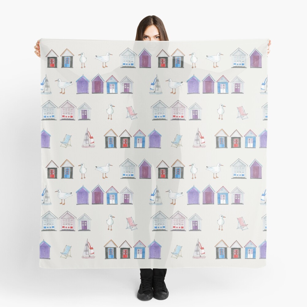 Beach Huts, Bournemouth - on grey - original watercolour pattern by Cecca Designs Scarf