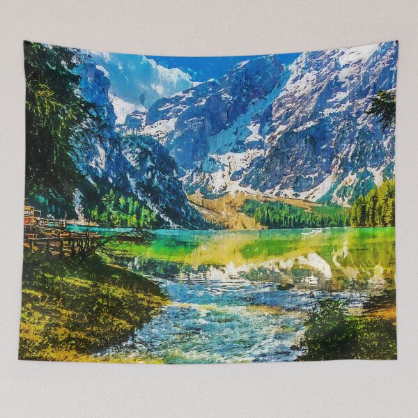Item preview, Pragser Wildsee Landscape Italy Oil Paint, Pragser Wildsee Italy Nature, Beautiful Pragser Wildsee Wanderung, Lake Prags Landscape Pragser Wildsee Portrait designed and sold by Trendymotion.