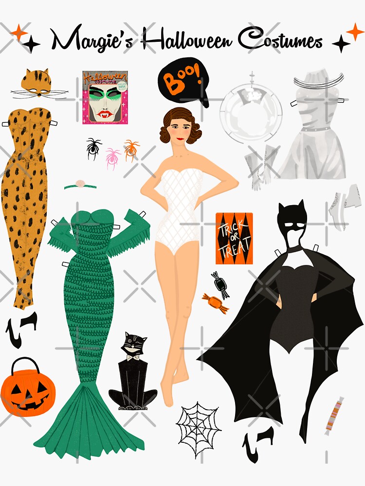 "Margie's Halloween Costumes Paper Doll Art" Sticker for Sale by