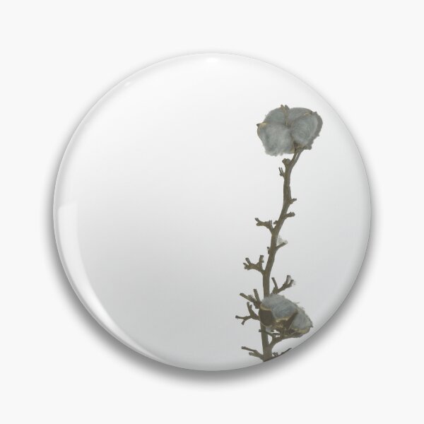 Item preview, Single twig of natural grey blue cotton boll leaning against the white illuminated wall background designed and sold by Khala.