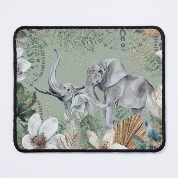 Item preview, African Grey Elephant, with earthy green tones, watercolor florals and gold accents designed and sold by Orianah.
