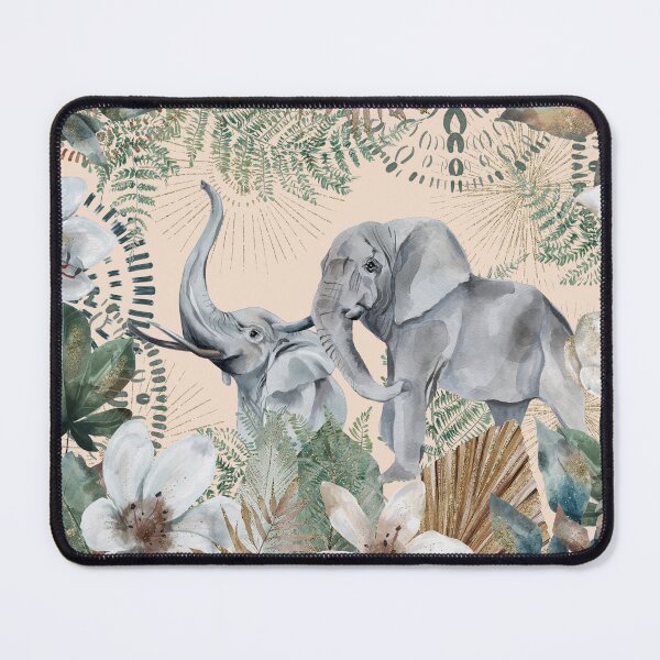 Item preview, African Grey Elephant, with earthy green and cream tones, watercolor florals and gold accents designed and sold by Orianah.