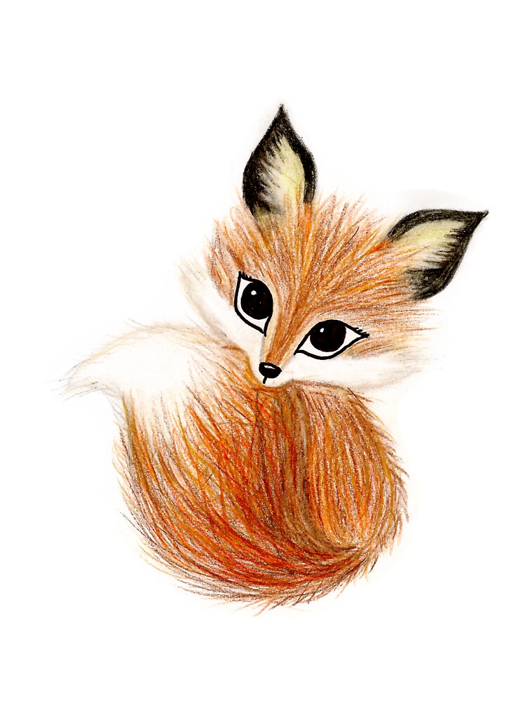A small fox with a pencil in a paw and a sheet of paper is preparing to draw  or write. Cute animal of red color with a fluffy tail. Vector illustration  for