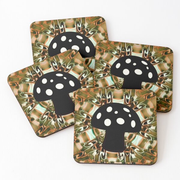 Item preview, Black and white mushroom ontop of an orange and green 3D psychedelic colidiscopic mandala backdrop. designed and sold by Laree  Jones.