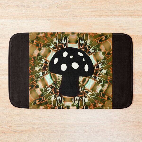 Item preview, Black and white mushroom ontop of an orange and green 3D psychedelic colidiscopic mandala backdrop. designed and sold by Laree  Jones.