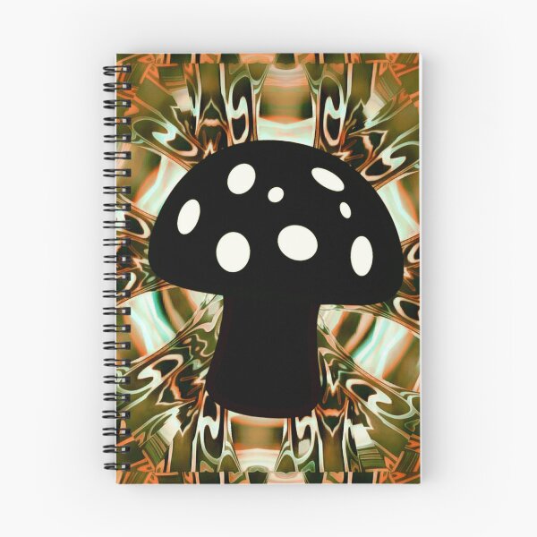 Item preview, Black and white mushroom ontop of an orange and green 3D psychedelic colidiscopic mandala backdrop. designed and sold by Laree  Jones.