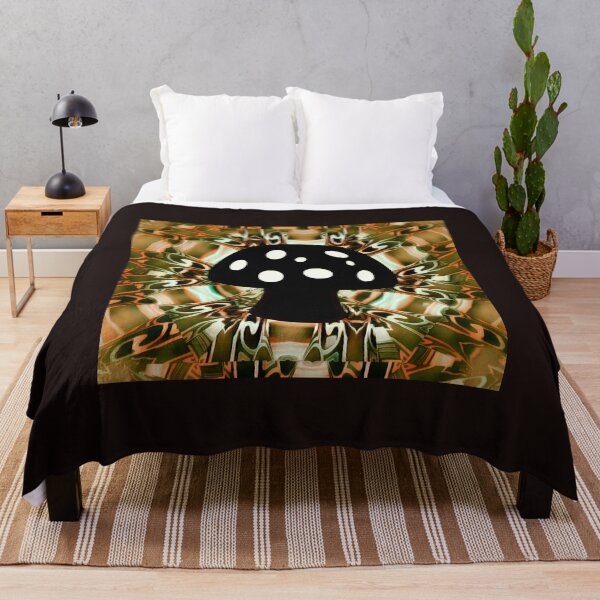 Item preview, Black and white mushroom ontop of an orange and green 3D psychedelic colidiscopic mandala backdrop. designed and sold by Laree  Jones.