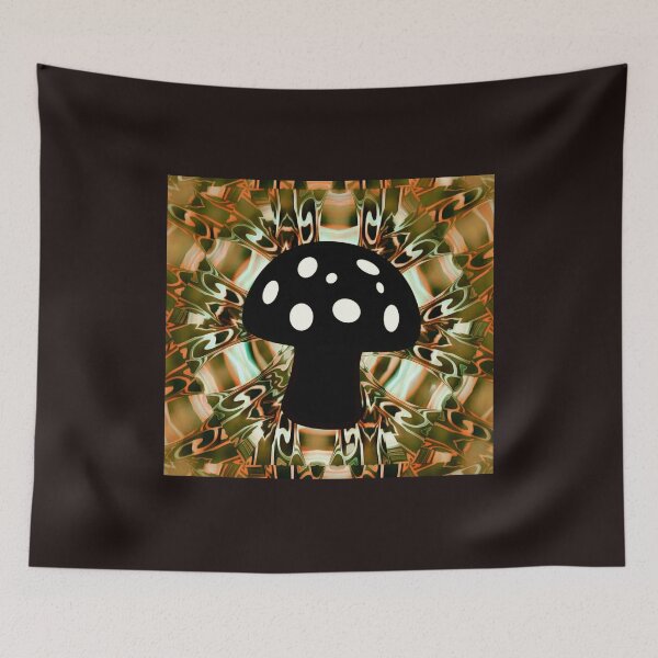 Item preview, Black and white mushroom ontop of an orange and green 3D psychedelic colidiscopic mandala backdrop. designed and sold by Laree  Jones.