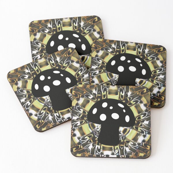 Item preview, Black and white mushroom ontop of an yellow and black 3D psychedelic colidiscopic mandala backdrop. designed and sold by Laree  Jones.