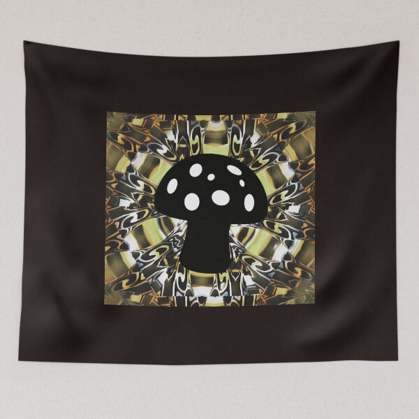 Item preview, Black and white mushroom ontop of an yellow and black 3D psychedelic colidiscopic mandala backdrop. designed and sold by Laree  Jones.
