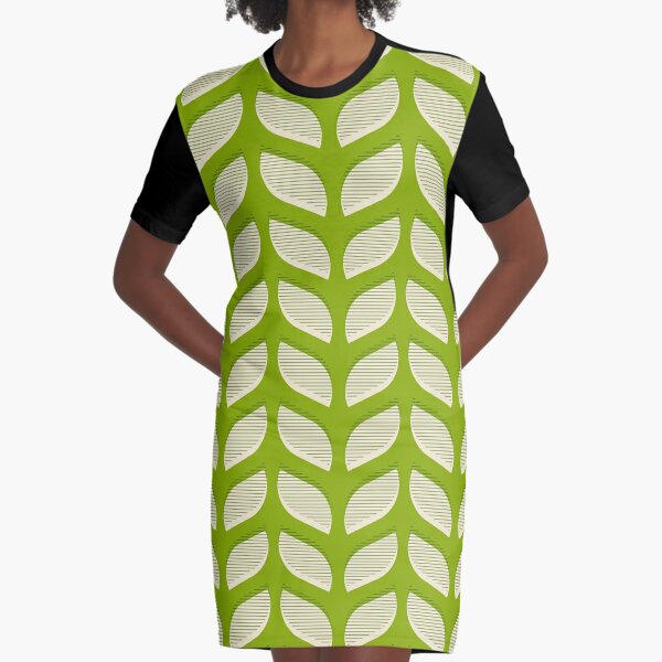 Abstract stripy retro leaves in beige on a vintage green background Graphic T-Shirt Dress
