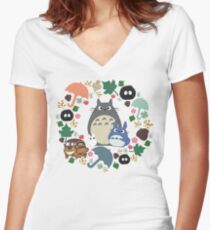 My Neighbor Totoro Wreath - Anime, Catbus, Soot Sprite, Blue Totoro, White Totoro, Mustard, Ochre, Umbrella, Manga, Hayao Miyazaki, Studio Ghibl Women's Fitted V-Neck T-Shirt