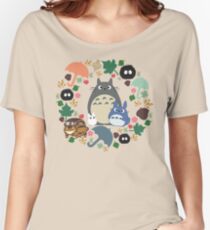 My Neighbor Totoro Wreath - Anime, Catbus, Soot Sprite, Blue Totoro, White Totoro, Mustard, Ochre, Umbrella, Manga, Hayao Miyazaki, Studio Ghibl Women's Relaxed Fit T-Shirt