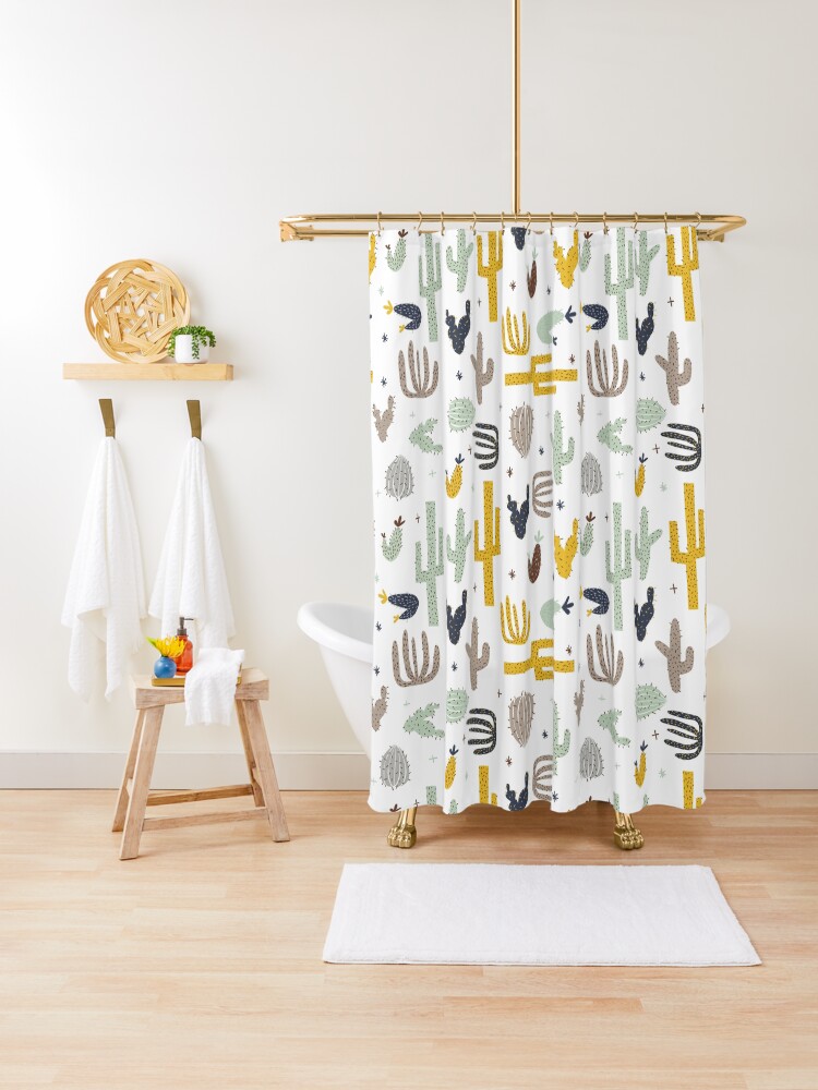 Cactus Mustard Navy Shower Curtain By Laurathedrawer Redbubble