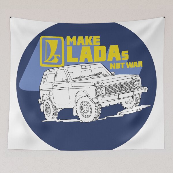 Item preview, Make Ladas Not War blue anti-war sticker based on a classic decal of the Lada Niva designed and sold by Hecksploitation.