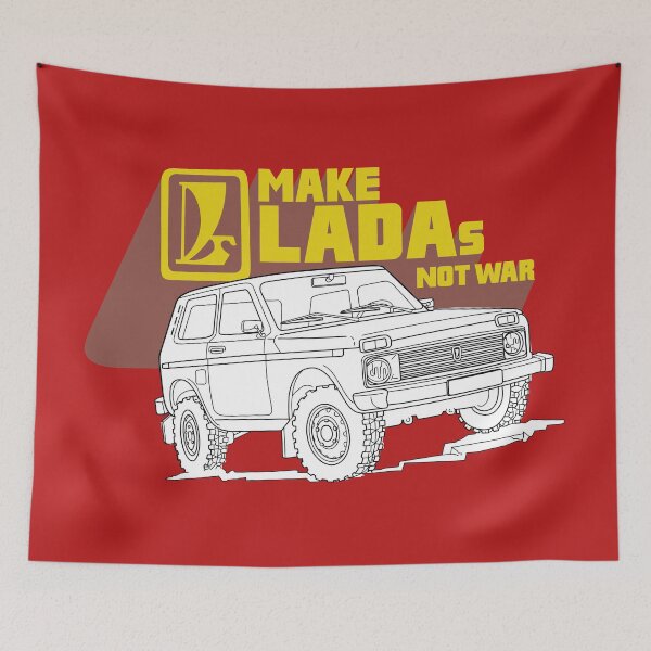Item preview, Make Ladas Not War full red anti-war sticker based on a classic decal of the Lada Niva designed and sold by Hecksploitation.