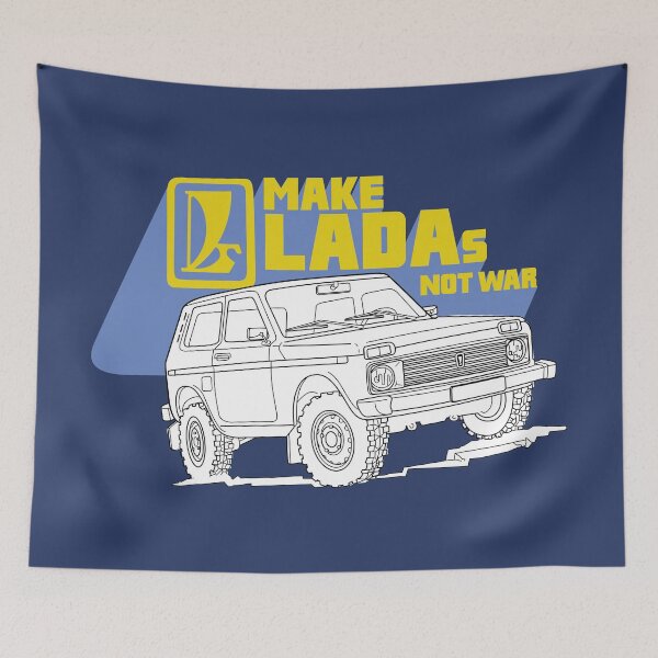 Item preview, Make Ladas Not War full blue anti-war sticker based on a classic decal of the Lada Niva designed and sold by Hecksploitation.