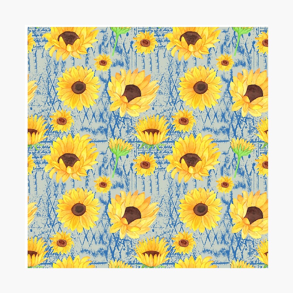 Póster «Girasol patrón repetitivo fondo verde claro textura azul francés»  de joyfuldesigns55 | Redbubble