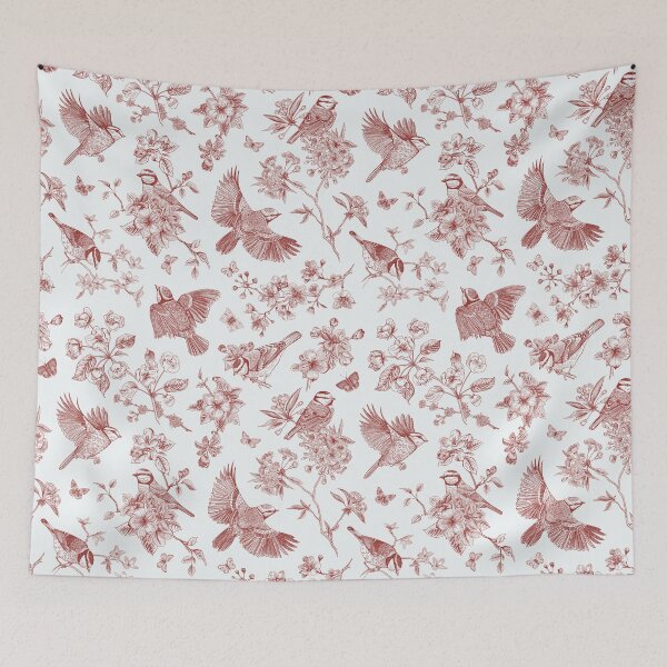 Item preview, Vintage Red Toile Birds French Country Pattern - cottage core garden designed and sold by PUFFYP.