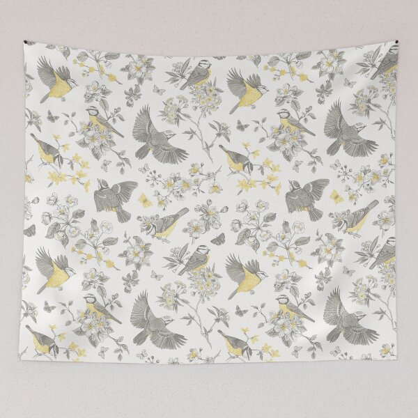 Item preview, Vintage Yellow Grey Toile Birds French Country Pattern - cottagecore garden designed and sold by PUFFYP.