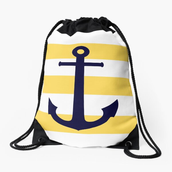 Nautical Navy Blue Anchor On Mustard Yellow Stripes Drawstring Bag