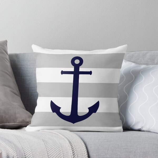 Item preview, Nautical Navy Blue Anchor On Gray Stripes designed and sold by rewstudio.