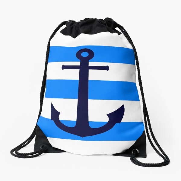 Nautical Navy Blue Anchor On Azure and White Stripes Drawstring Bag