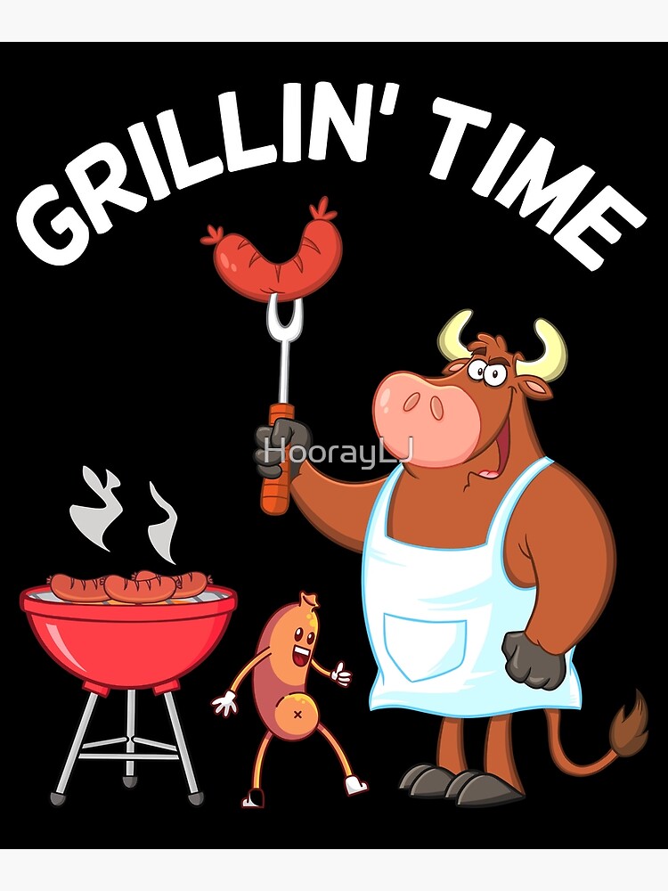 Grilling Time Funny Grill Master Bbq Meme Cartoon Cow And Cute Hotdog