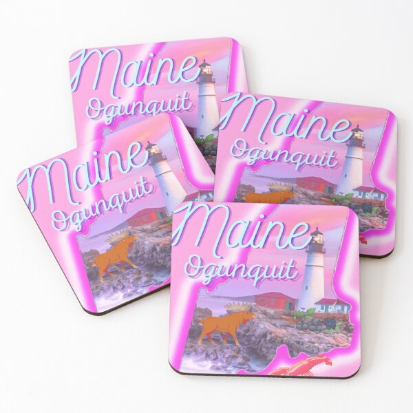Item preview, Ogunquit Maine in pink grey Light blue and purple. State of Maine with a famous Maine lighthouse a lobster, moose and blueberries. designed and sold by Laree Jones.