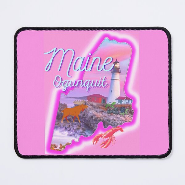 Item preview, Ogunquit Maine in pink grey Light blue and purple. State of Maine with a famous Maine lighthouse a lobster, moose and blueberries. designed and sold by Laree Jones.