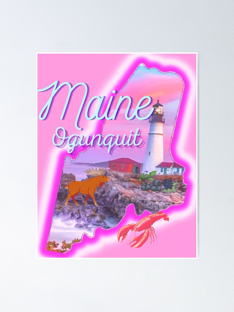 "Ogunquit Maine in pink grey Light blue and purple. State of Maine with a famous Maine