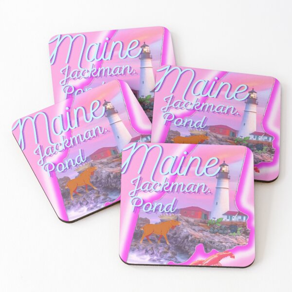 Item preview, Jackman pond Maine in pink grey Light blue and purple. State of Maine with a famous Maine lighthouse a lobster, moose and blueberries. designed and sold by Laree Jones.