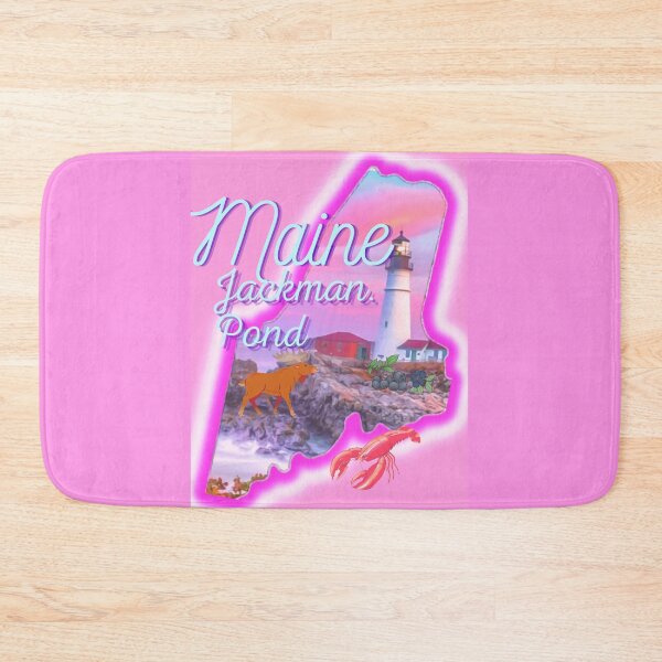 Item preview, Jackman pond Maine in pink grey Light blue and purple. State of Maine with a famous Maine lighthouse a lobster, moose and blueberries.  designed and sold by Laree  Jones.