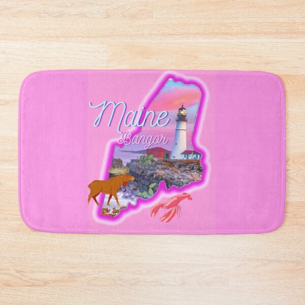 Item preview,  Bangor Maine in pink grey Light blue and purple. State of Maine with a famous Maine lighthouse a lobster, moose and blueberries.  designed and sold by Laree  Jones.