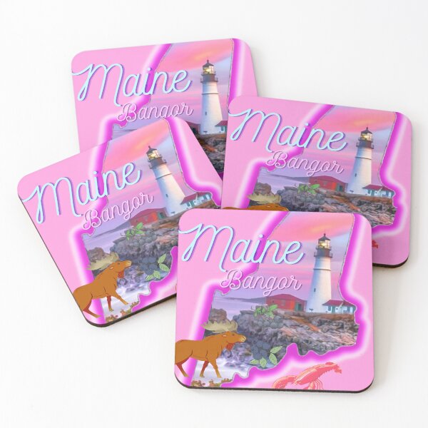 Item preview, Bangor Maine in pink grey Light blue and purple. State of Maine with a famous Maine lighthouse a lobster, moose and blueberries. designed and sold by Laree Jones.