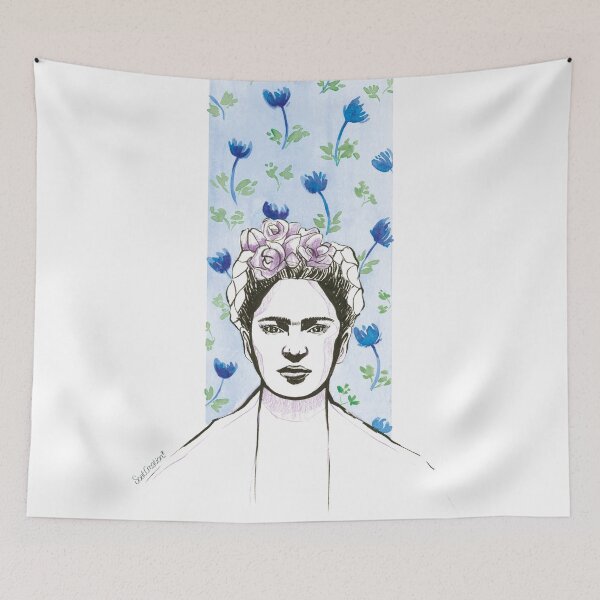 Item preview, Floral Frida Kahlo acuarela retrato azul púrpura rosa flor designed and sold by SoatCreation.