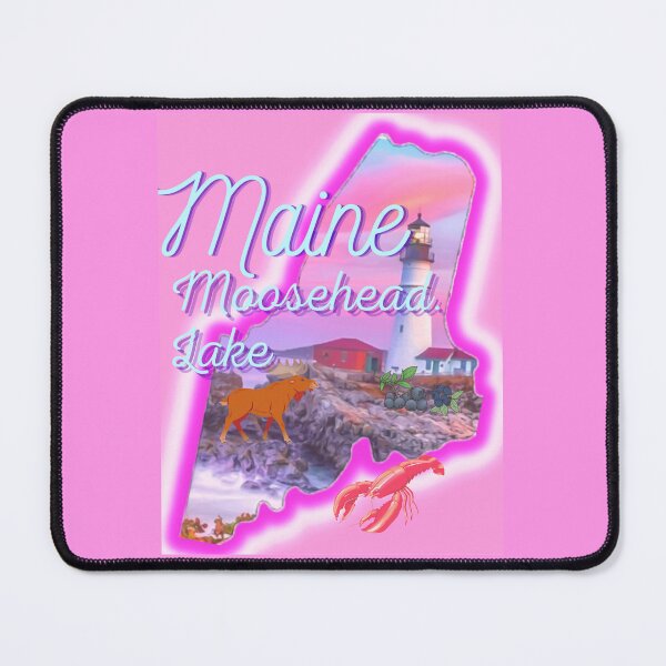 Item preview, Moosehead la ke, Maine in pink grey Light blue and purple. State of Maine with a famous Maine lighthouse a lobster, moose and blueberries. designed and sold by Laree Jones.