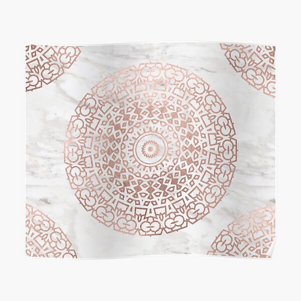 Marble mandala - beaded rose gold on white Poster