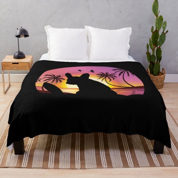 Item preview, French bulldog and beach, sunset, plam tree, surfing, summer time with frenchie designed and sold by Collagedream.