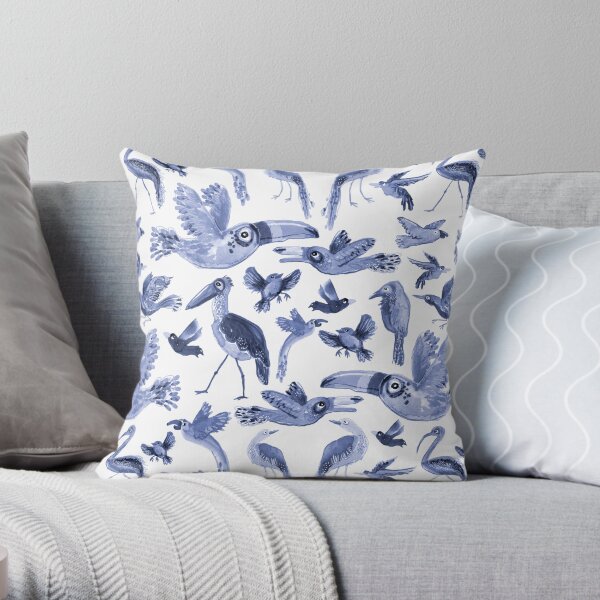 Quirky indigo birds - pattern Throw Pillow