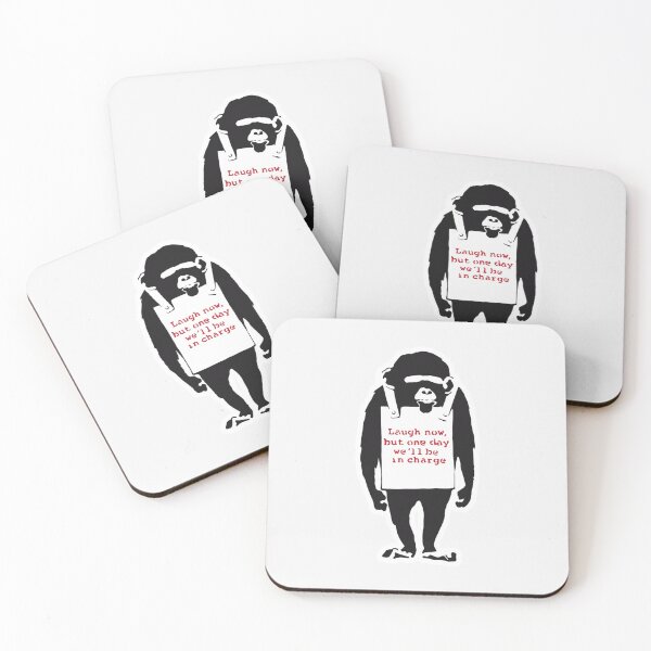 Item preview, Banksy Quote Monkey Chimpanze Laugh Now, but one day we'll be in charge Graffiti Street art with Banksy signature tag and funny red stripes- Limited Edition | Perfect Gift designed and sold by stacyjanes.