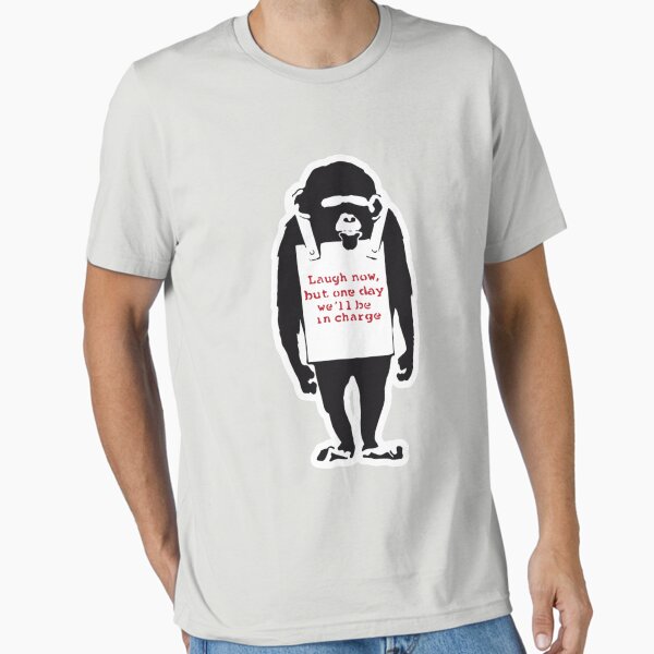 Item preview, Banksy Quote Monkey Chimpanze Laugh Now, but one day we'll be in charge Graffiti Street art with Banksy signature tag and funny red stripes- Limited Edition | Perfect Gift designed and sold by stacyjanes.