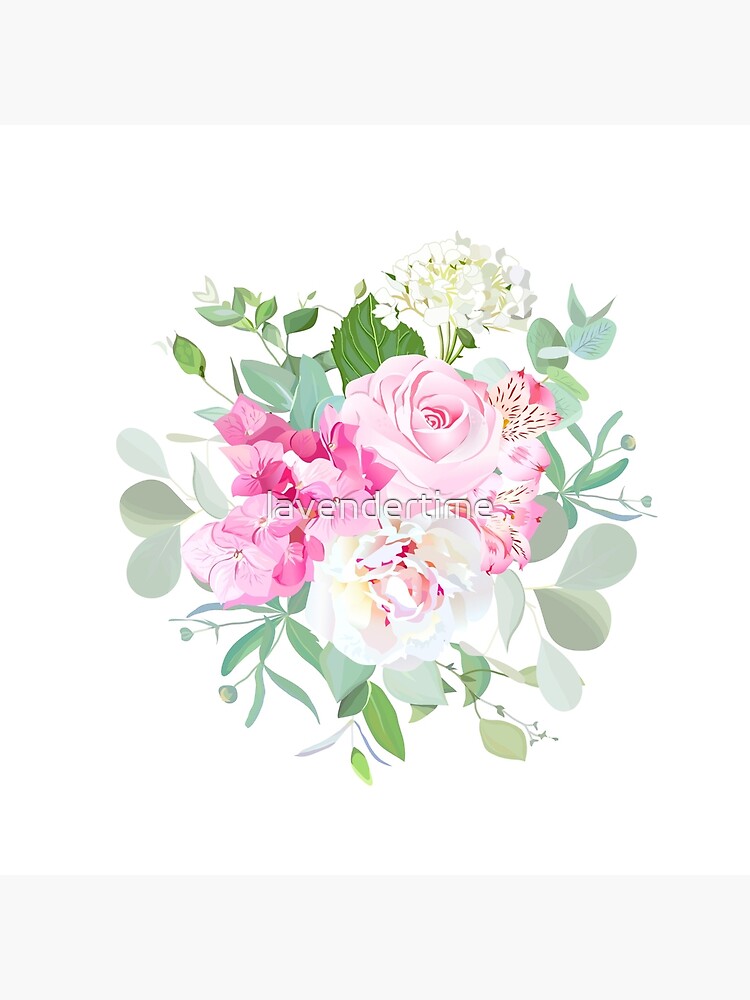 Lámina rígida «Ramo de rosa, peonía, hortensia, lirio de alstroemeria y  eucalipto.» de lavendertime | Redbubble
