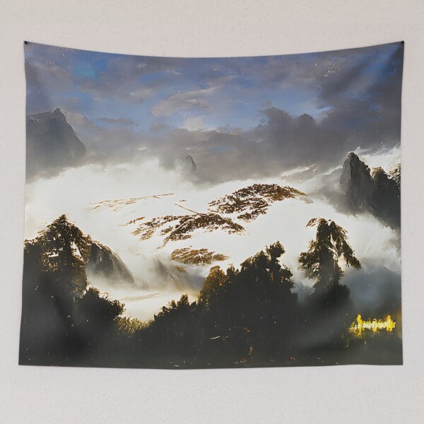 Item preview, Dramatic misty atmosphere on snowy mountain peaks designed and sold by fizzribbit.