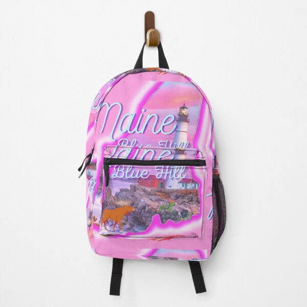 Item preview, Blue hill, Maine in pink grey Light blue and purple. State of Maine with a famous Maine lighthouse a lobster, moose and blueberries. designed and sold by Laree Jones.