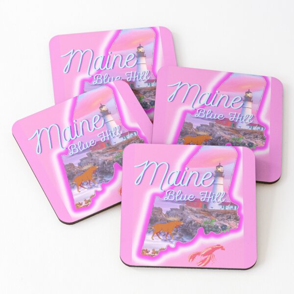 Item preview, Blue Hill Maine in pink grey Light blue and purple. State of Maine with a famous Maine lighthouse a lobster, moose and blueberries. designed and sold by Laree Jones.